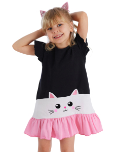 Beyaz Kedi Fırfırlı Kız Çocuk Siyah Yazlık Elbise - Denokids