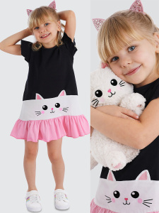 Beyaz Kedi Fırfırlı Kız Çocuk Siyah Yazlık Elbise - Denokids