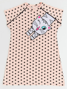 Beyaz Kedi Kız Çocuk Puantiye Pembe Yazlık Elbise - 3