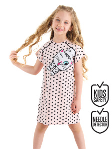 Beyaz Kedi Kız Çocuk Puantiye Pembe Yazlık Elbise - Denokids
