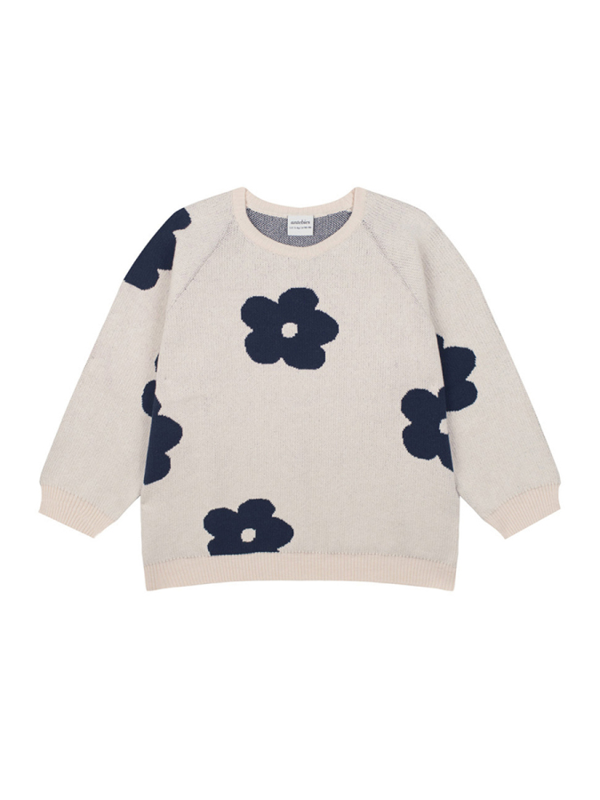 Beyaz Lacivert Çiçek Desenli Triko Kız Çocuk Kazak - 1