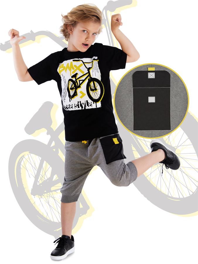 Bisiklet Erkek Çocuk Cep Detaylı Yazlık T-shirt Kapri Şort Takım - 1