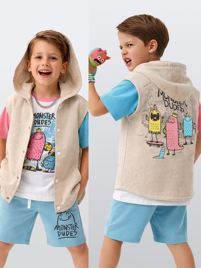 Boys Hooded Vest Monster Printed - 1