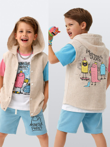 Boys Hooded Vest Monster Printed - Denokids