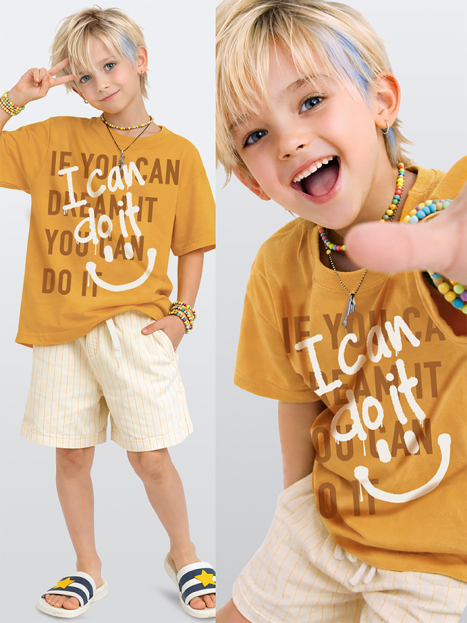 Boys Set Slogan Printed T-shirt&Striped Shorts - 1