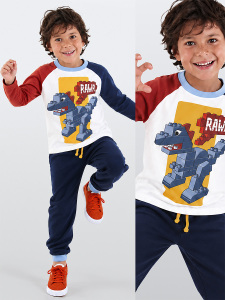 Erkek Çocuk Kışlık Dinozor Desenli Pamuklu Beyaz Uzun Kollu 2 Parça T-Shirt Pantolon Takımı 2-8 Yaş - Denokids