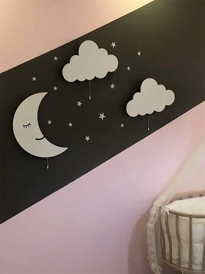 Beyaz Bulut El Boyaması 3’lü Bebek Odası Gece Lambası Seti + 112 Adet Yıldız Sticker + 3’lü Mini Bulut – Piller Dahil - 3