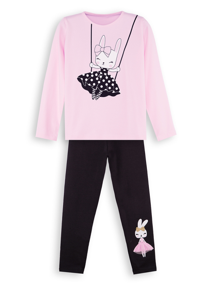 Bunny Appliqued Girl T-shirt Leggings Set - 3