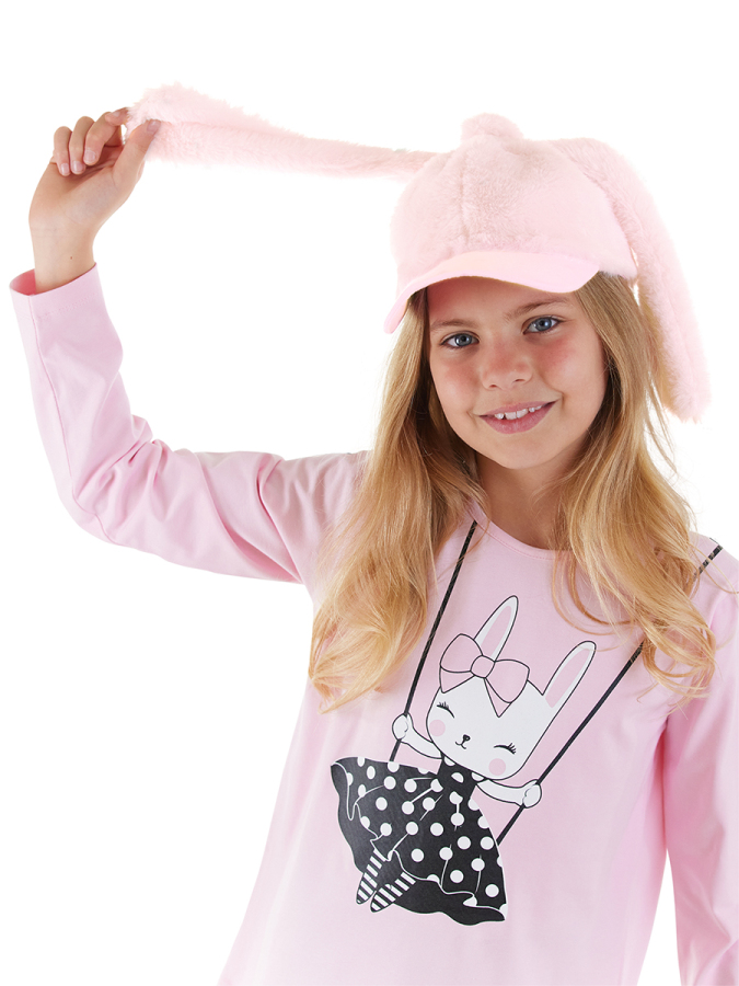 Bunny Ear Girl Pink Plush Cap - 1