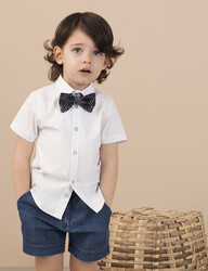 Button-Front Short Sleeve White Boy Shirt - Thumbnail