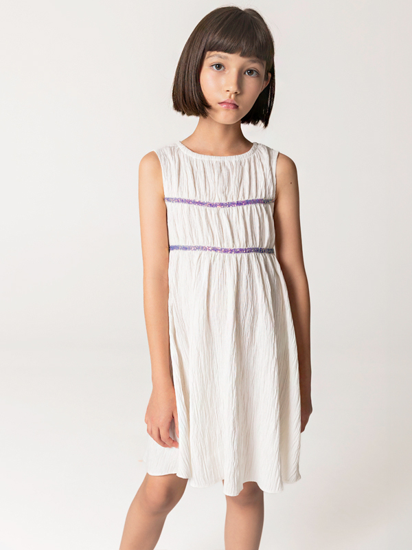 Büzgülü Beyaz Kolsuz Kız Çocuk Elbise - 1