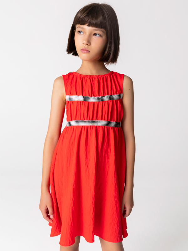 Büzgülü Kırmızı Kolsuz Kız Çocuk Elbise - 1
