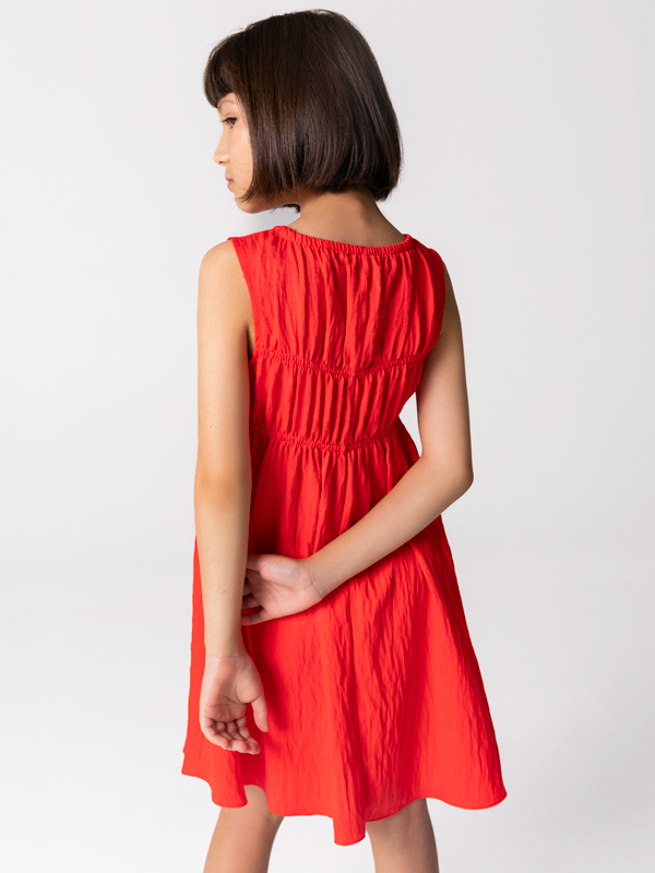 Büzgülü Kırmızı Kolsuz Kız Çocuk Elbise - 2