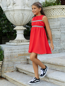 Büzgülü Kırmızı Kolsuz Kız Çocuk Elbise - 4