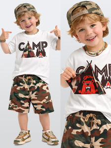 Erkek Çocuk Takım Kamp Baskılı İnteraktif T-Shirt Şort İkili Takım Yazlık 2-8 Yaş - Denokids