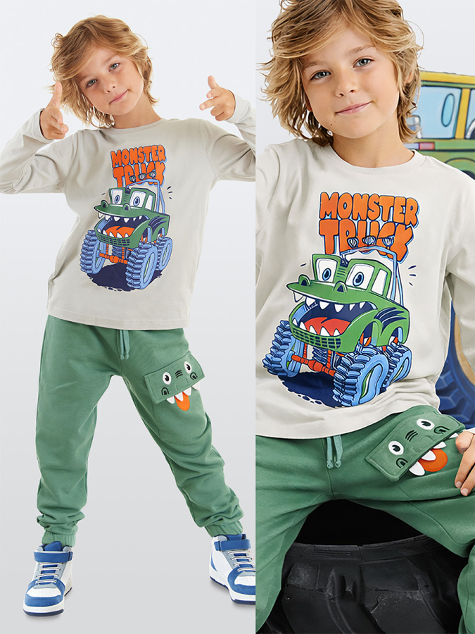 Canavar Kamyon Erkek Çocuk Cep Detaylı T-shirt Pantolon Takım - 1