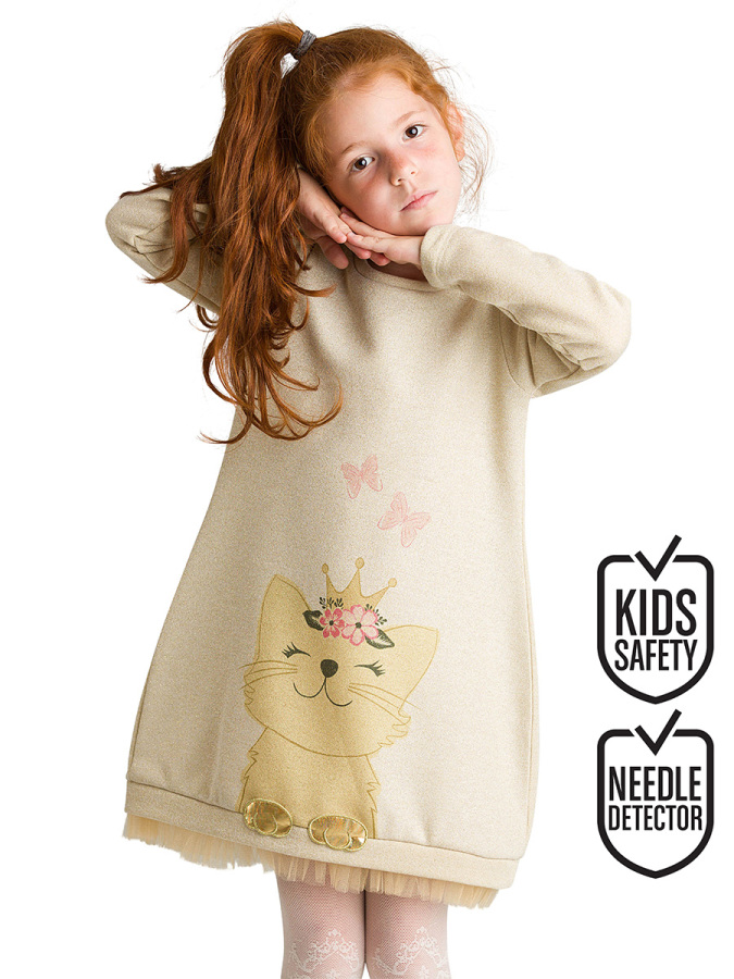 Cat Dream Kedi Altın Dore İpli Parlak Kız Çocuk Elbise - 1