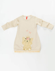 Cat Dream Kedi Altın Dore İpli Parlak Kız Çocuk Elbise - Thumbnail