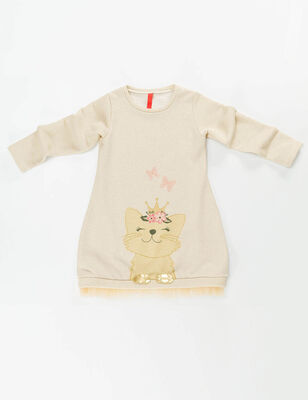Cat Dream Kedi Altın Dore İpli Parlak Kız Çocuk Elbise