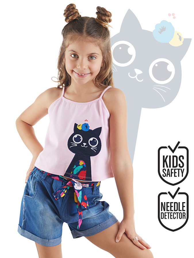 Cat in Flowers Girl Top&Denim Shorts Set - 1