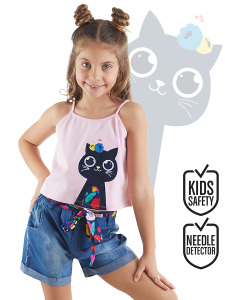 Cat in Flowers Girl Top&Denim Shorts Set - MSHB&G