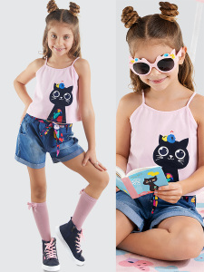 Cat in Flowers Girl Top&Denim Shorts Set - MSHB&G