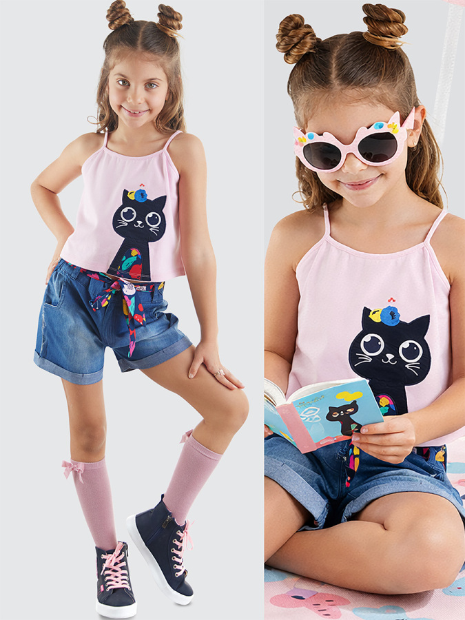 Cat in Flowers Girl Top&Denim Shorts Set - 1