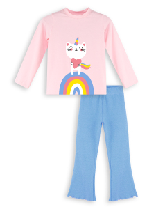 Kız Çocuk Kışlık Kedi Desenli Pamuklu Pembe Uzun Kollu Geniş Paça T-Shirt Pantolon Takımı 2-7 Yaş - 3