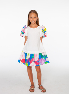 Çiçek Desenli Kısa Balon Kollu Kız Çocuk Elbise - SheShe