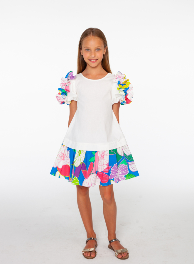 Çiçek Desenli Kısa Balon Kollu Kız Çocuk Elbise - 1