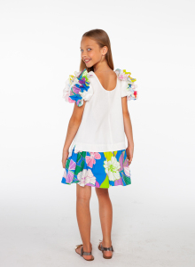 Çiçek Desenli Kısa Balon Kollu Kız Çocuk Elbise - 3