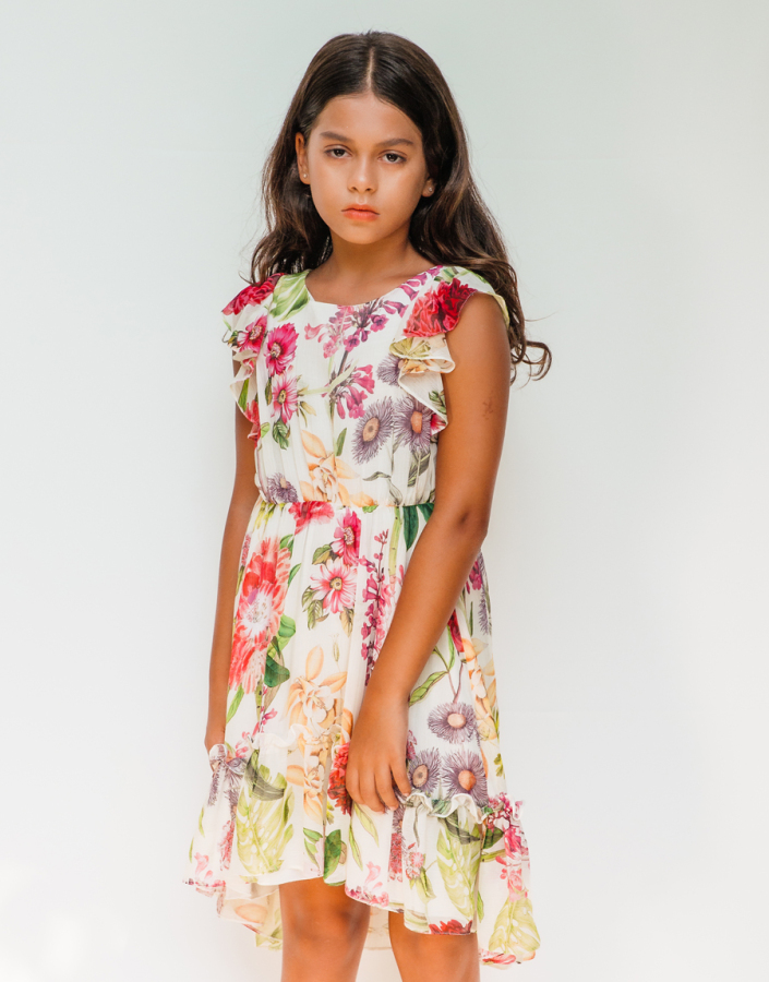 Çiçek Desenli Şifon Kız Çocuk Elbise - 1