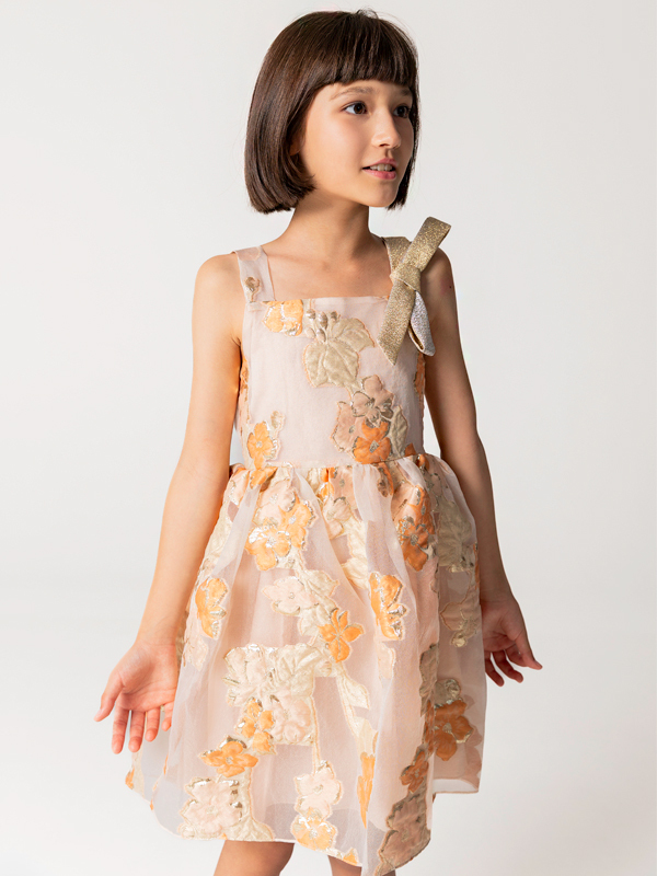 Çiçek Kabartmalı Simli Askılı Kız Çocuk Elbise - 1