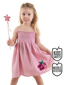 Çiçekli Gülkurusu Kız Bebek Çocuk Müslin Askılı Lastikli Yazlık Elbise - Denokids