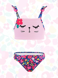 Çiçekli Kedi Kız Çocuk Bikini - Denokids