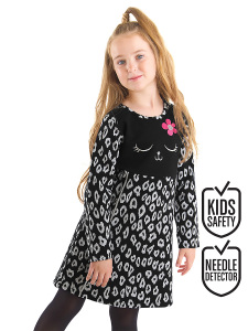 Çiçekli Kedi Kız Çocuk Elbise - Denokids