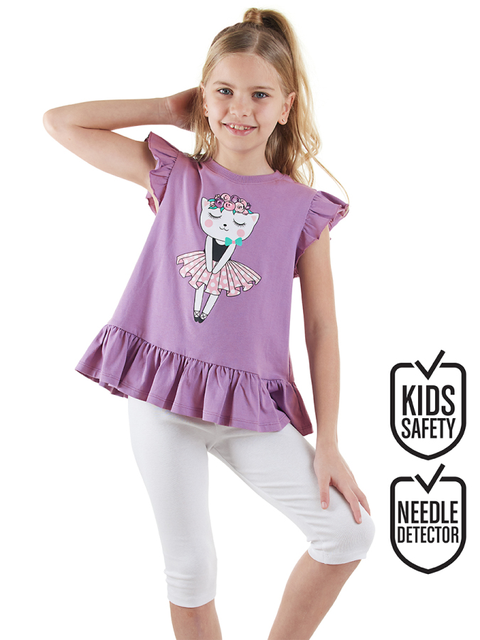 Çiçekli Kedi Kız Çocuk Mor T-shirt Tayt Takım - 1