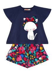 Çiçekli Kedi Kız Çocuk T-shirt Poplin Şort Takım - Thumbnail