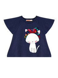 Çiçekli Kedi Kız Çocuk T-shirt Poplin Şort Takım - Thumbnail