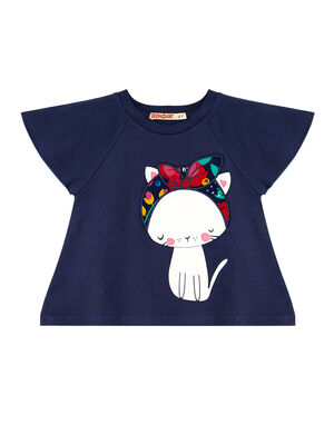 Çiçekli Kedi Kız Çocuk T-shirt Poplin Şort Takım