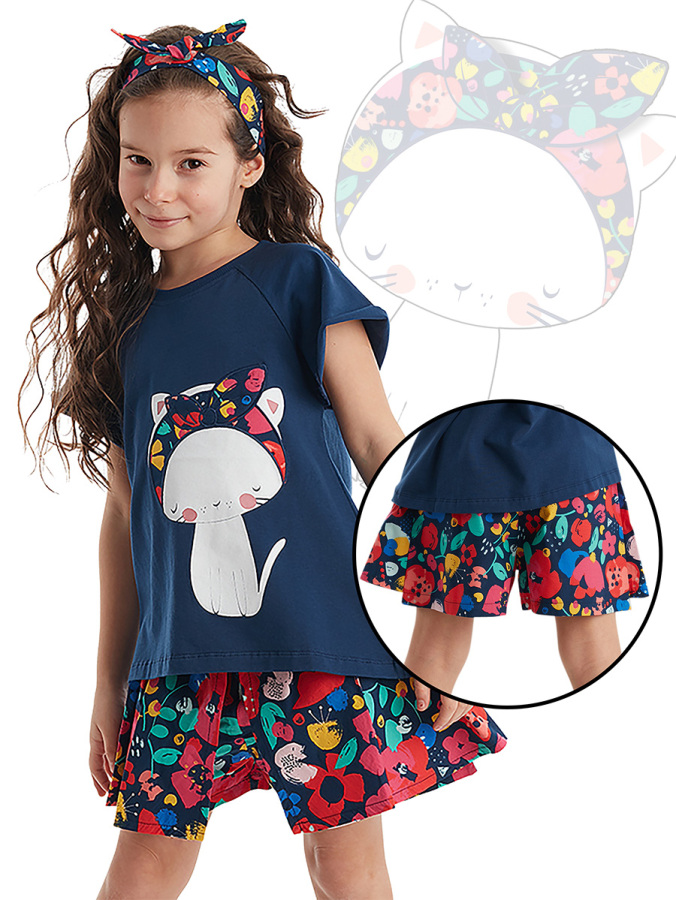 Çiçekli Kedi Kız Çocuk Lacivert Yazlık T-shirt Poplin Şort Takım - 1