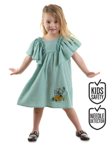 Çiçekli Kız Bebek Çocuk Yeşil Müslin Fırfırlı Yazlık Elbise - Denokids