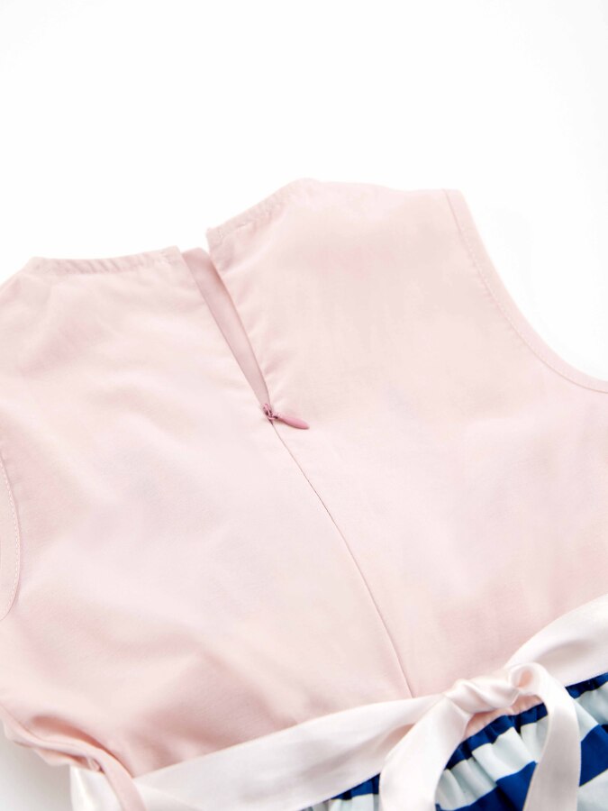 Çiçekli Çizgili Kız Çocuk Abiye Pembe Yazlık Elbise - 6