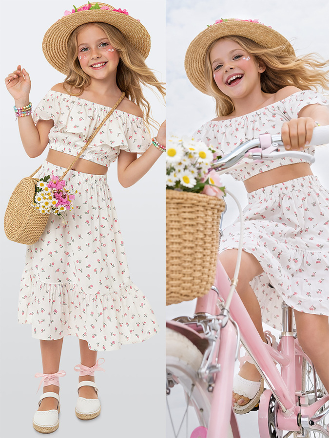 Kız Çocuk Takım Çiçekli Crop Top ve Etek Takım İlkbahar Yaz 5-10 Yaş - 1