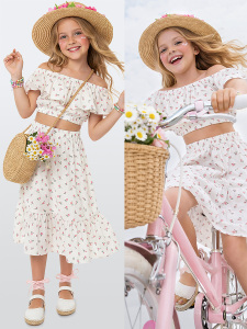 Kız Çocuk Takım Çiçekli Crop Top ve Etek Takım İlkbahar Yaz 5-10 Yaş - Denokids
