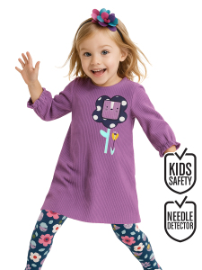 Çiçekli Kız Çocuk Lila Kadife Elbise - Denokids