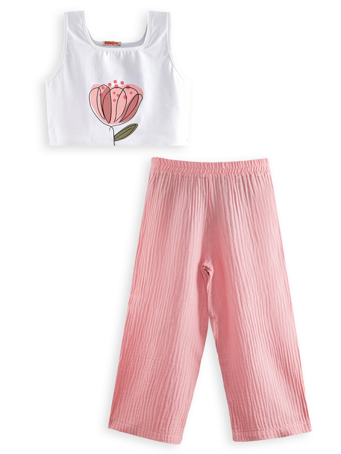 Çiçekli Kız Çocuk Pembe Müslin Pantolon Takım - 3