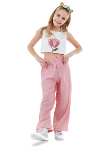 Çiçekli Kız Çocuk Pembe Müslin Pantolon Takım - 1