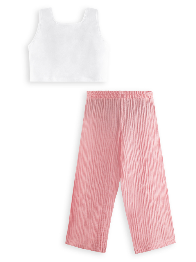 Çiçekli Kız Çocuk Pembe Müslin Pantolon Takım - 4