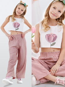 Çiçekli Kız Çocuk Pembe Müslin Pantolon Takım - 1